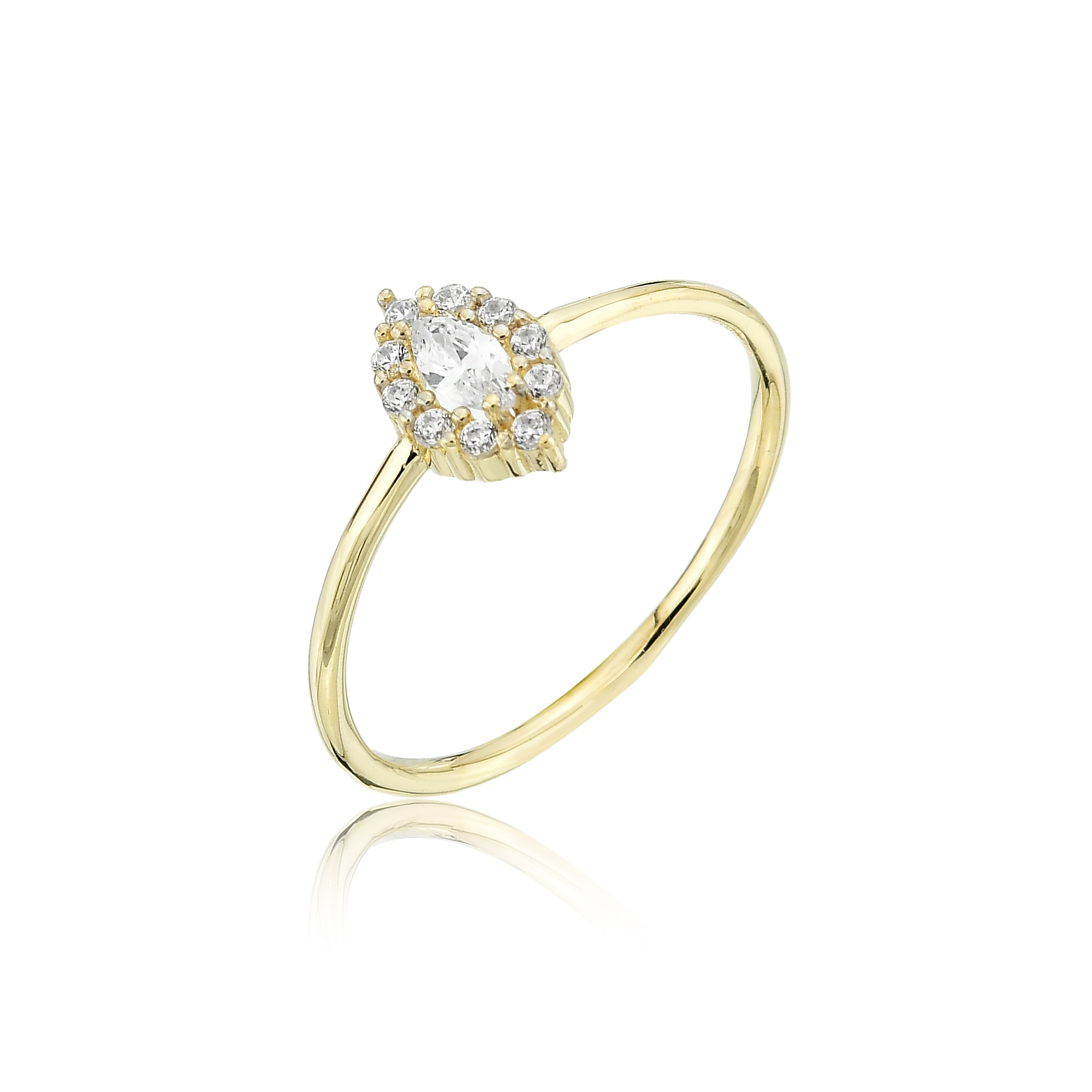 Reference image: Medium complexity gold ring with pear-shaped diamond and halo setting